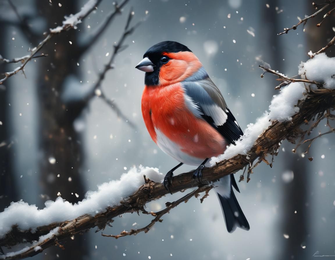Bullfinch in Winter Forest: Detailed Rustic Painting