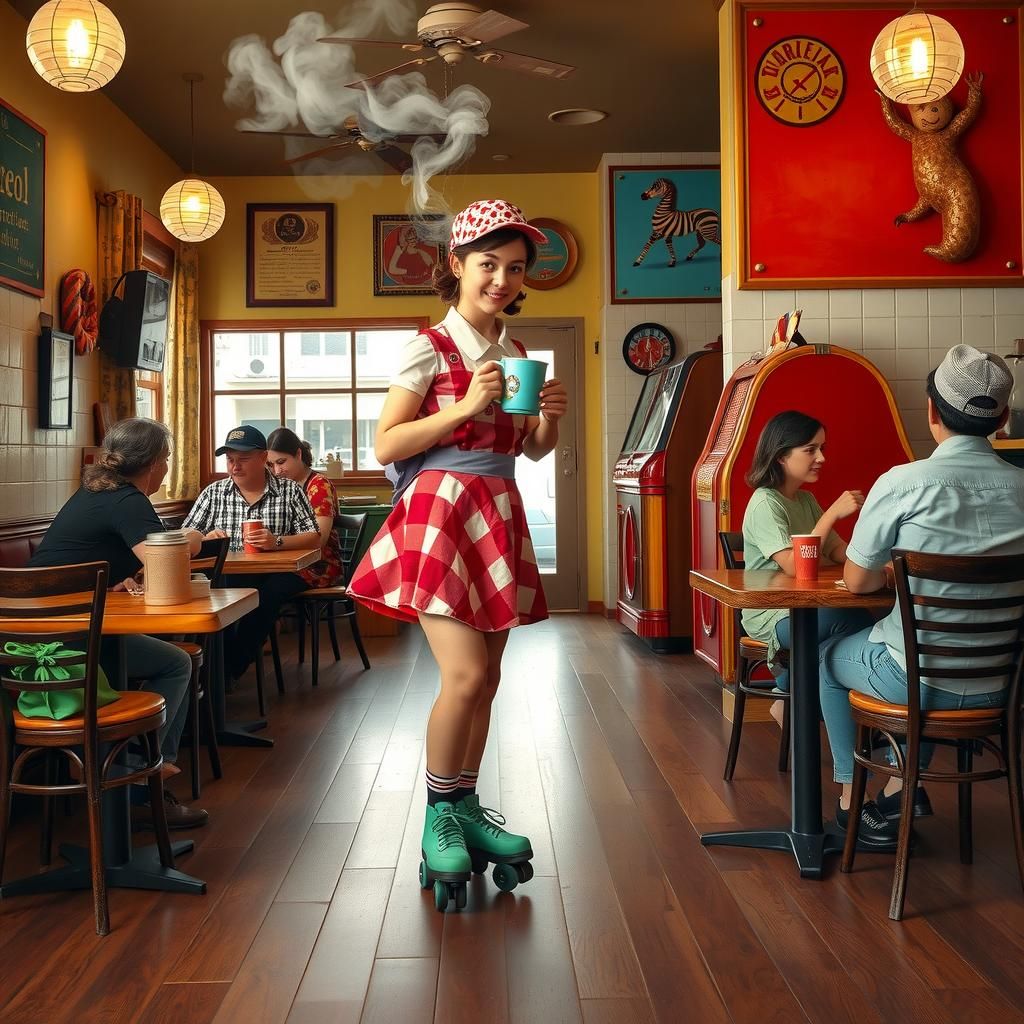 a girl working in a coffee shop on roller skates. Serving ho...