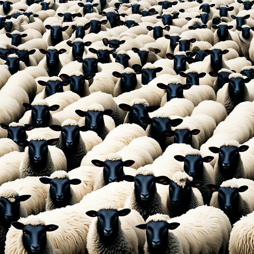 A Lone Black Sheep Surrounded by White Flock