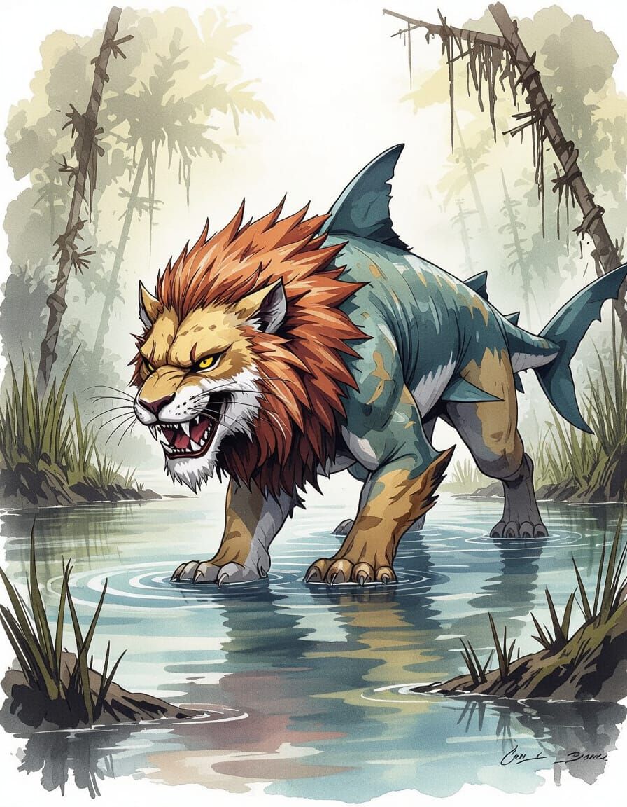 Lion-Shark Hybrid Creature Concept Art