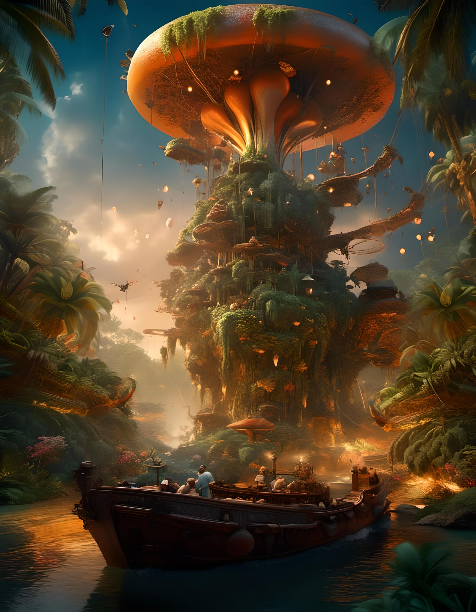 Tropical Island Scene with Mythical Bird in Neo-Surrealism
