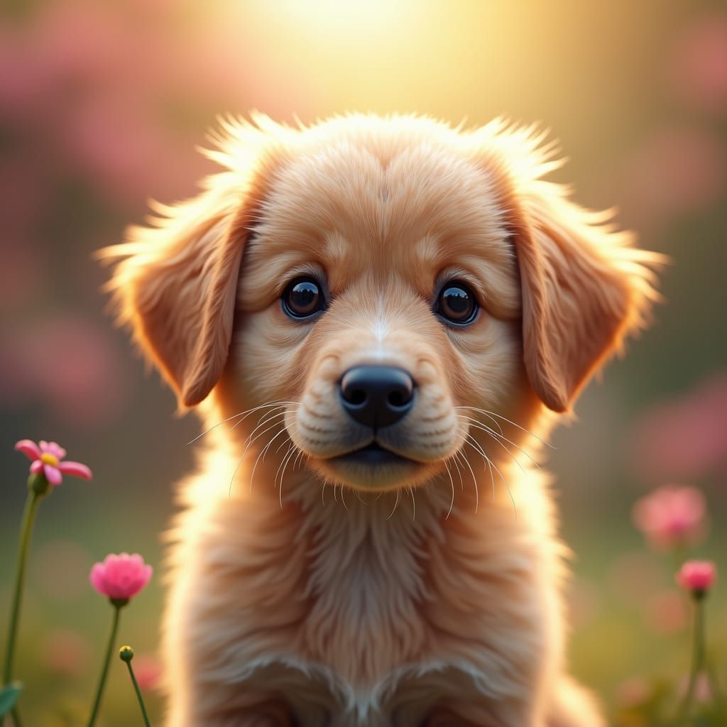 Curious Puppy Portrait in Vibrant Garden Setting