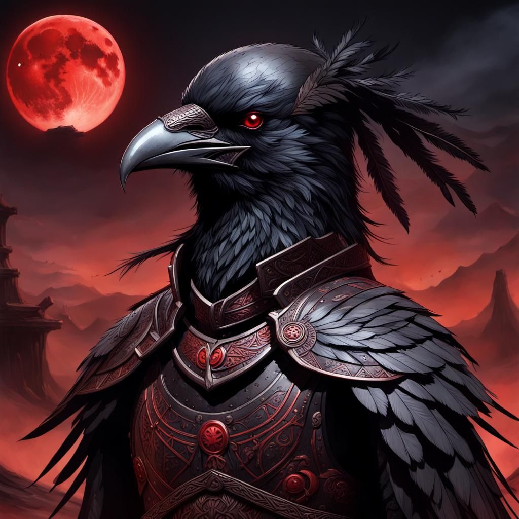Crow Warrior Stands on Battlefield Under Blood Moon