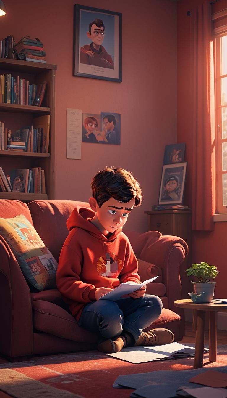 Sad Boy Reading Letter: Pixar-Style CGI Art