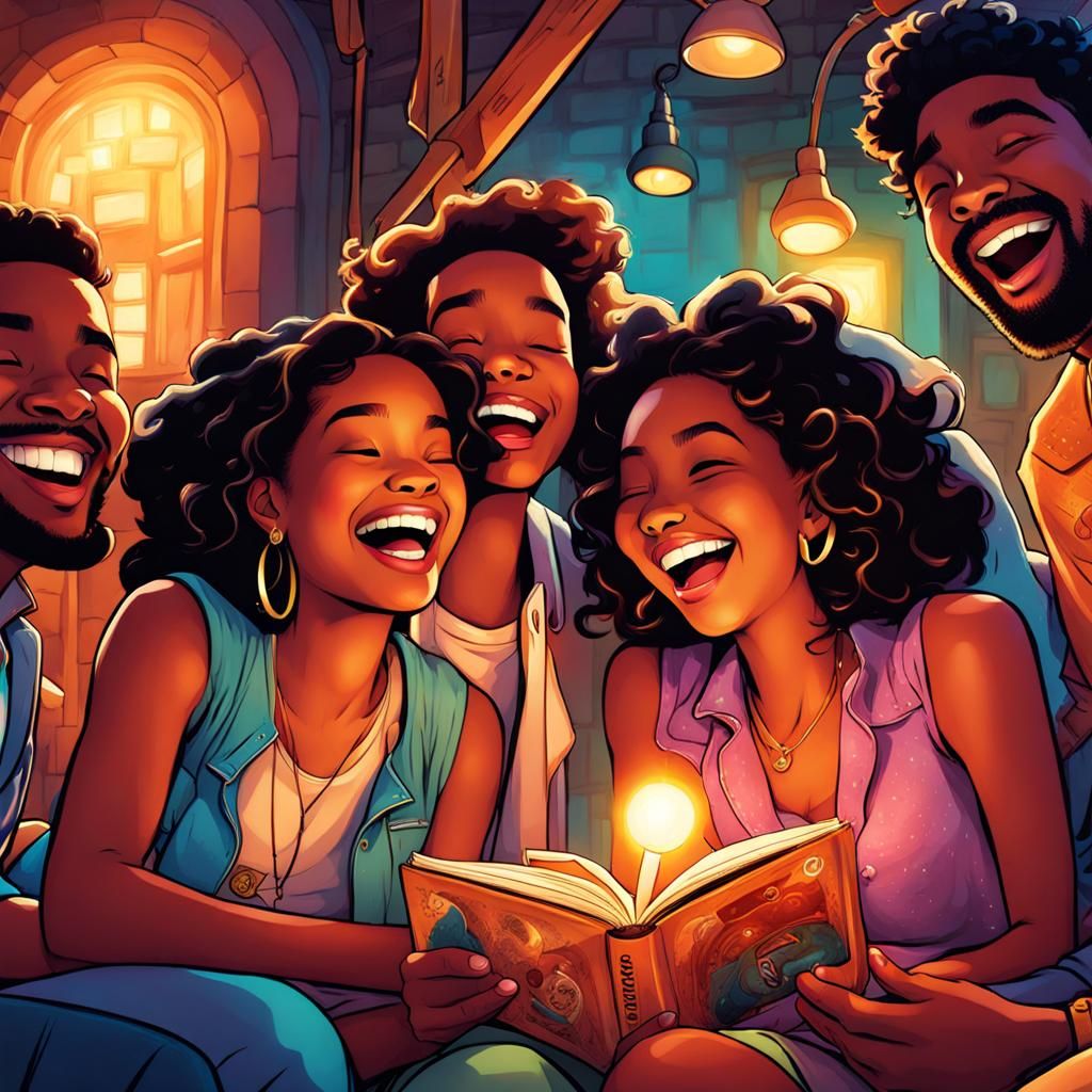 Joyous Friends Laughing in Vibrant Primitivism Cartoon