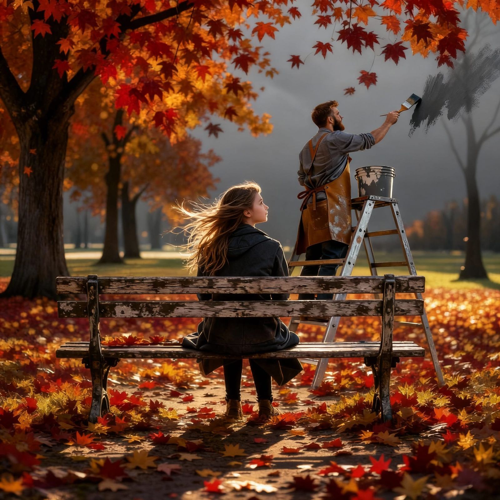 Girl on Autumn Bench in Sun-Drenched Park