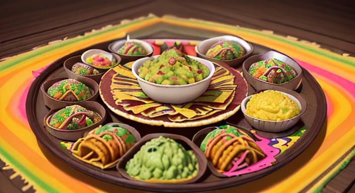 large mexican hat style plate filled with mexican food, tacos, enchiladad, chillies, chalupas, guacamole, churros, tequi...