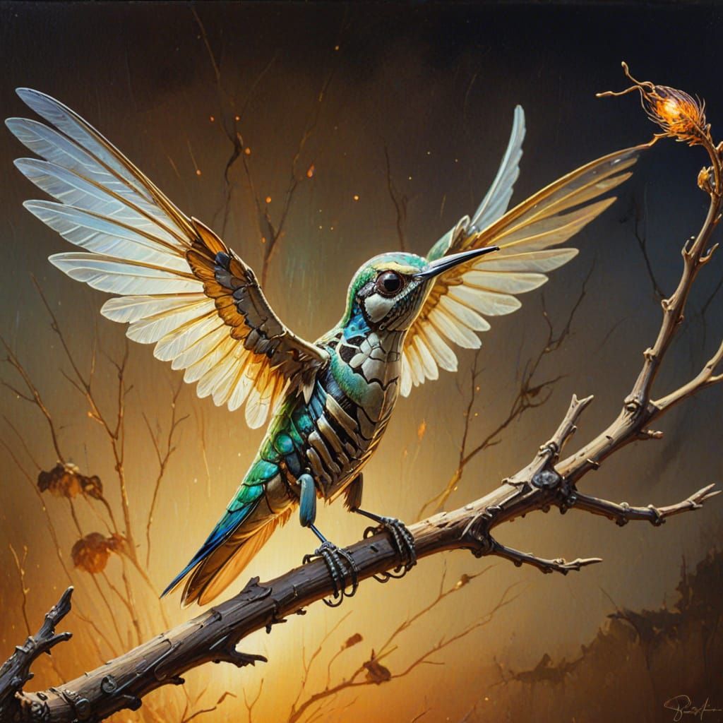Surreal Skeleton Hummingbird in Vibrant Oil Painting Style