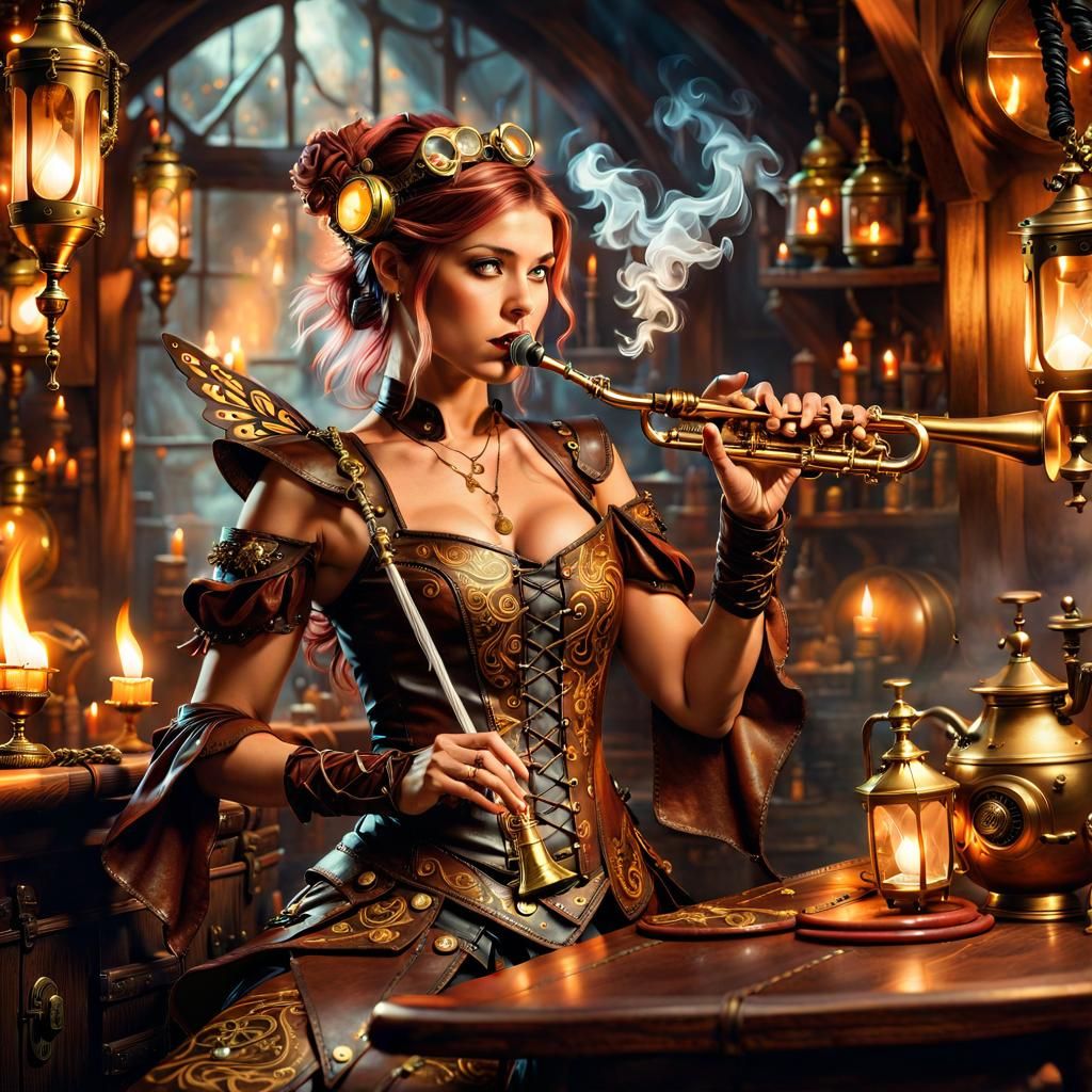 Steampunk Fairy Plays Flute in Dim Tavern