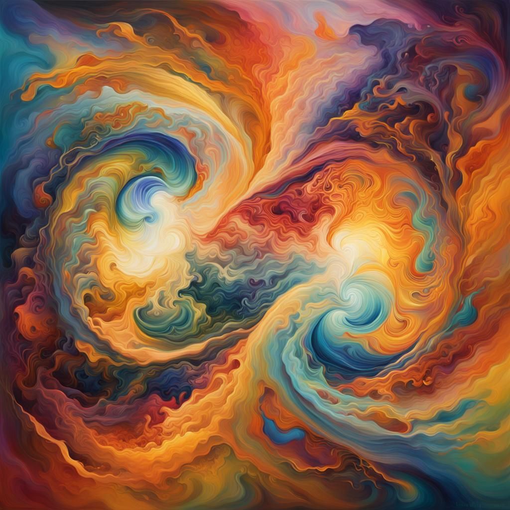 Merging Forms in Vibrant Triadic Oil Painting