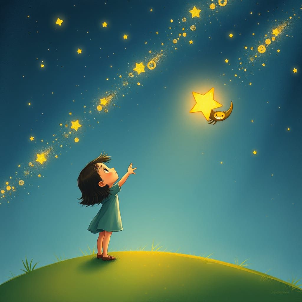 Whimsical Girl Encounters a Mischievous Shooting Star