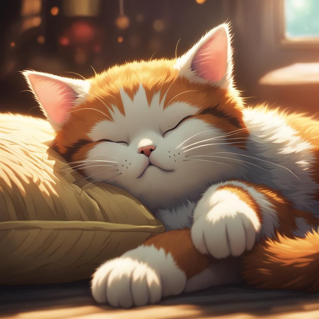 Kitten Sleeping with Plush Toy in Anime Style