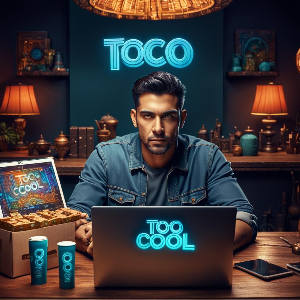 Latino Man at Table with Laptop: Fantasy Concept Art