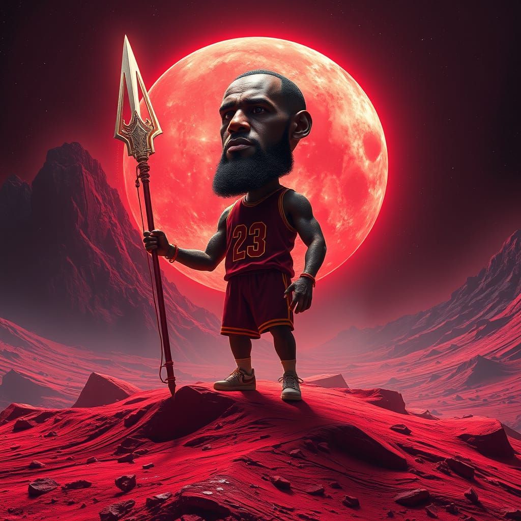 Lebron James on Crimson Moon with Enormous Head and Tiny Bod...