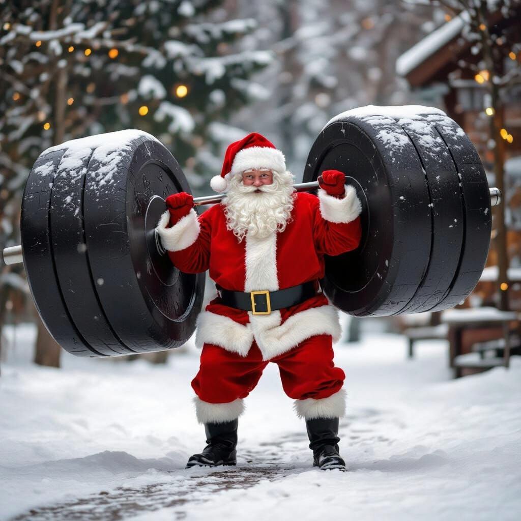 Santa Claus Lifting Heavy Weights in Realistic Style
