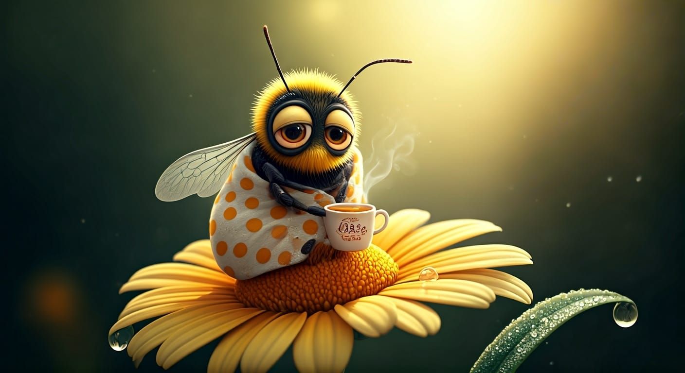 Whimsical Bumblebee with Tea, Illustrated Style