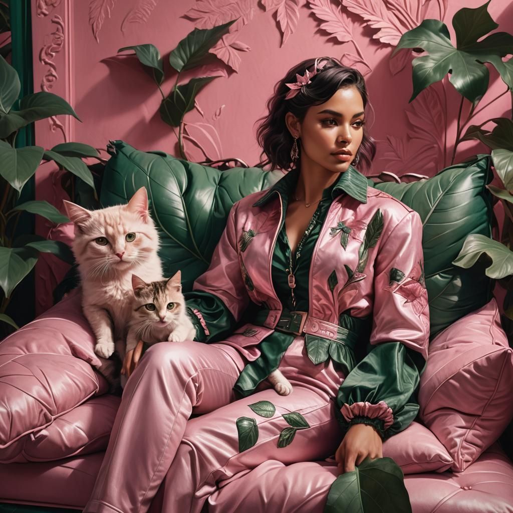 Woman with Kitten on Daybed: Fantasy Concept Art
