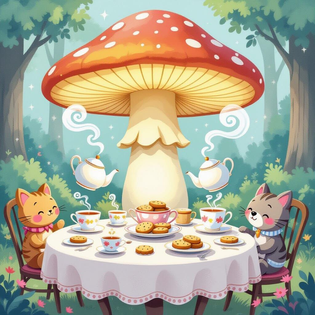 Whimsical Mushroom Tea Party in Storybook Style