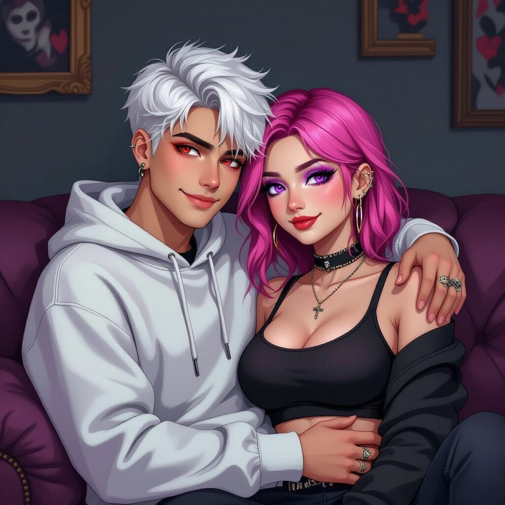 Gothic Couple Cuddling on Sofa