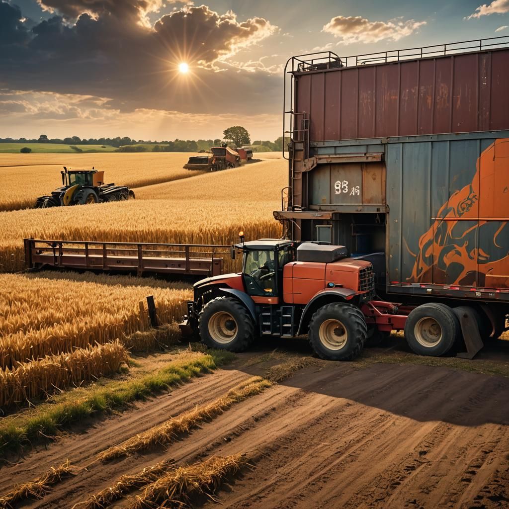 Harvester Unloading Grain: Hyper-Realistic Fantasy Concept A...