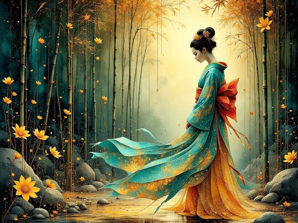 Elegant Geisha in Vivid Bamboo Forest Portrait