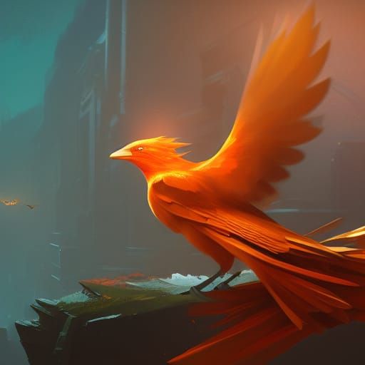 Intricate Bird Concept Art in Orange and Teal