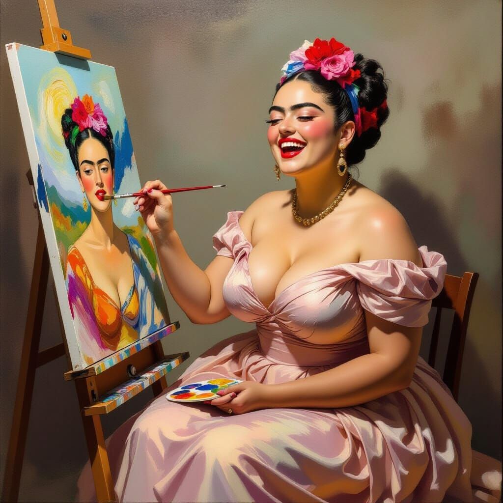 Woman Painting a Self-Portrait in Vibrant Expressionist Styl...