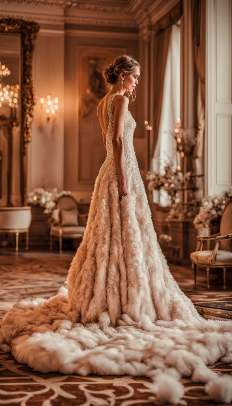 25-year-old woman in a fluffy, long-pile wedding dress and high stiletto heels