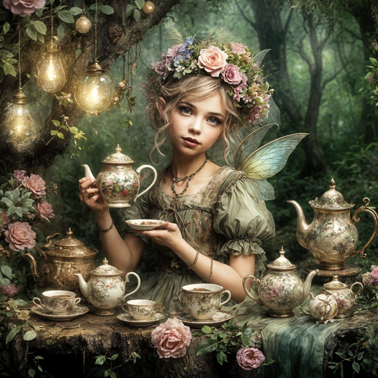 Cute Pixie Tea Party in Pastel Watercolor and Oil