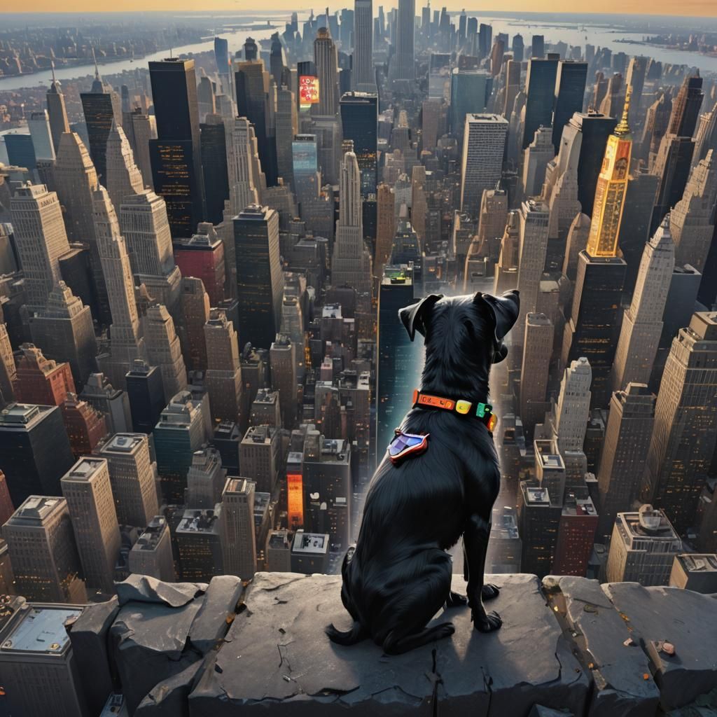 Dog Watches Movie in New York, Fantasy Art