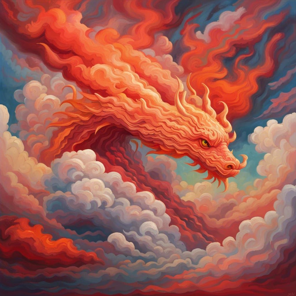 Dragon Clouds in Fiery Sky: An Impasto Painting