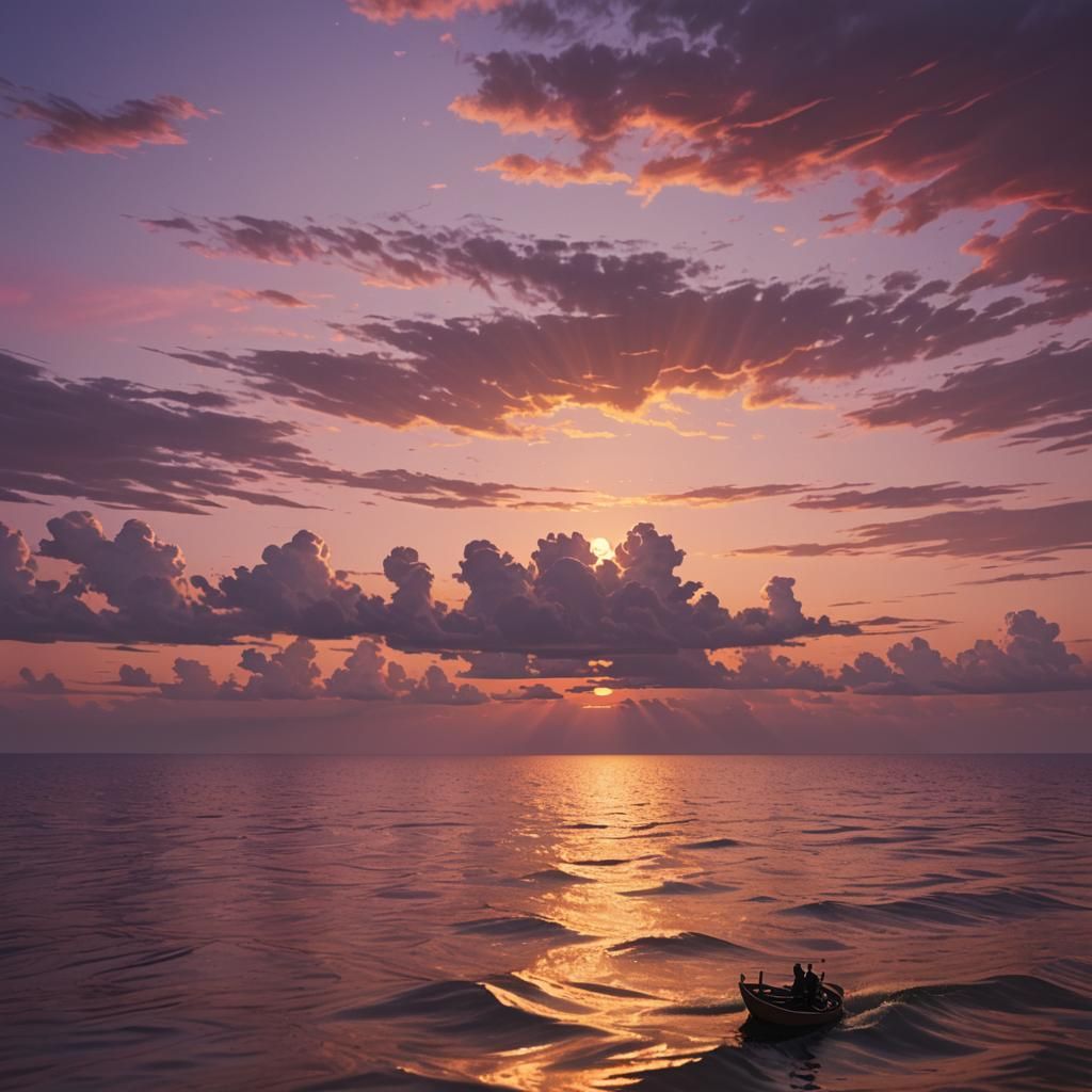 Sunset Boat on Calm Ocean: Fantasy Landscape