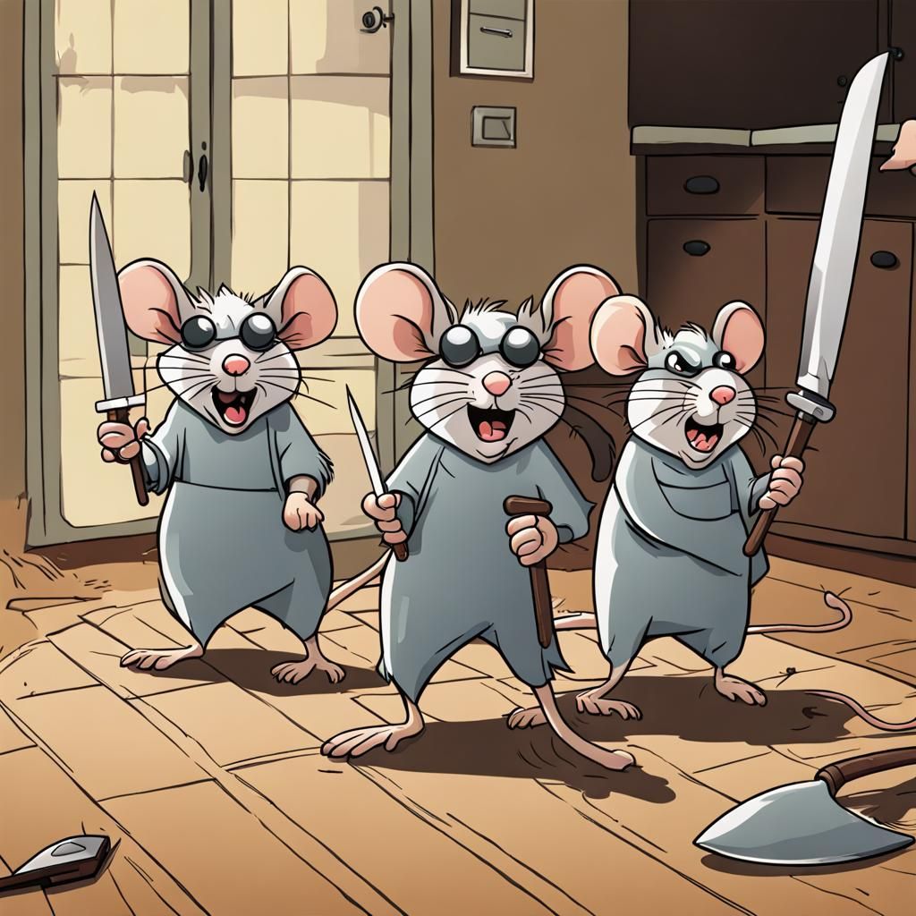 Angry Blind Mice with Knives in Kitchen
