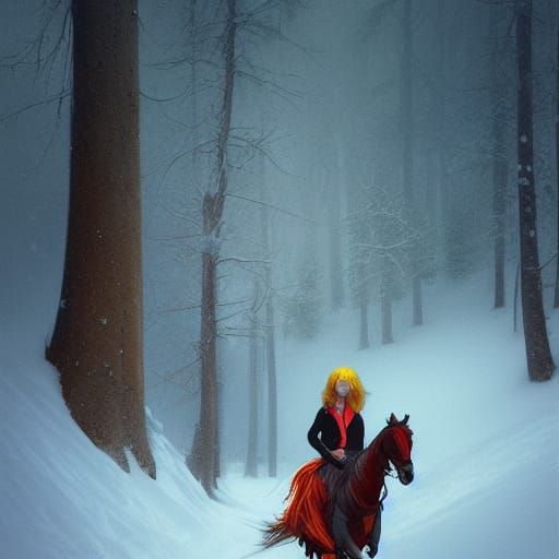Girl on Horseback in Snowy Yellow Forest