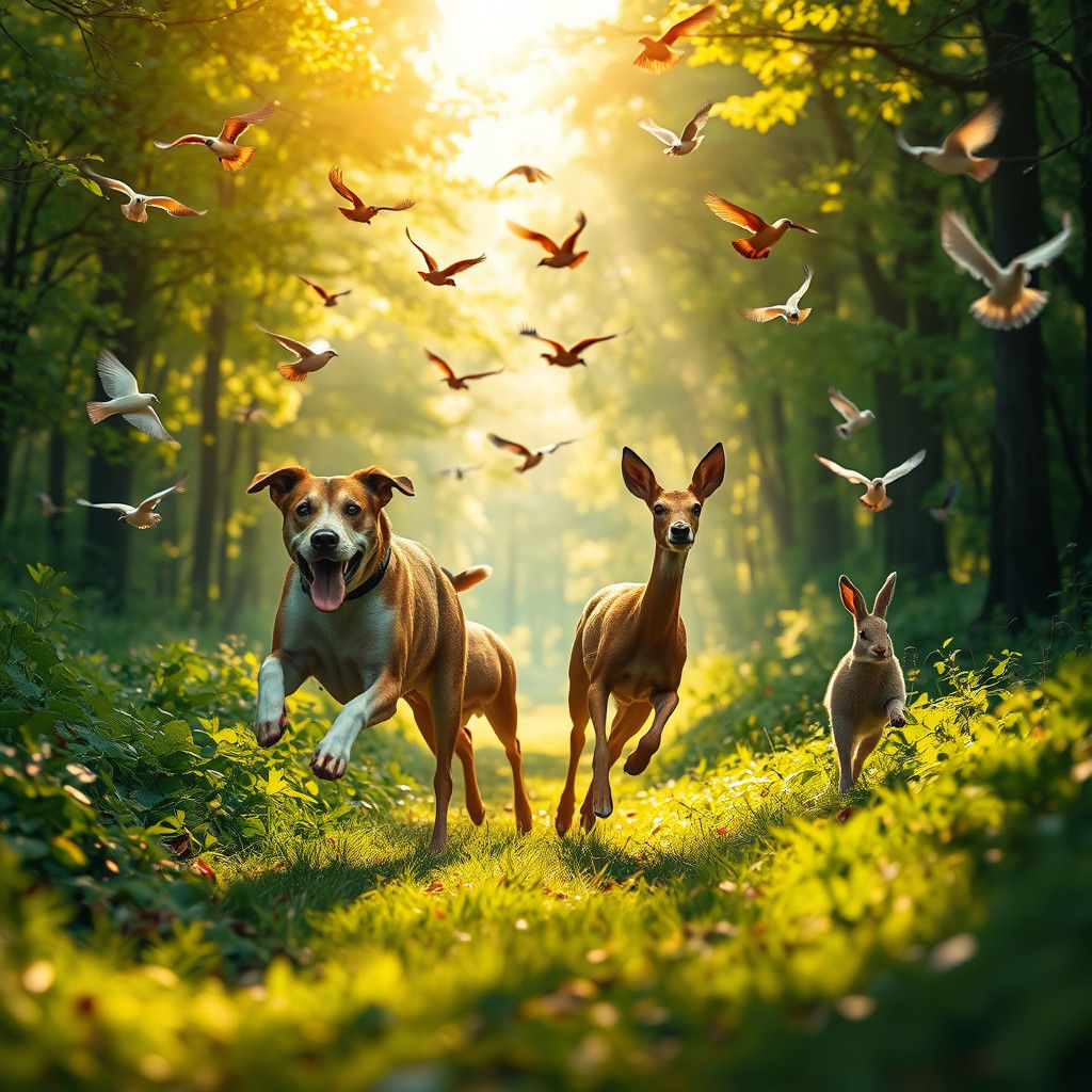 Dog, Deer, and Bunny Chase Through Emerald Forest