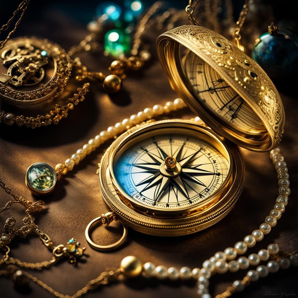 Golden Compass and Astrolabe in Aurora Borealis