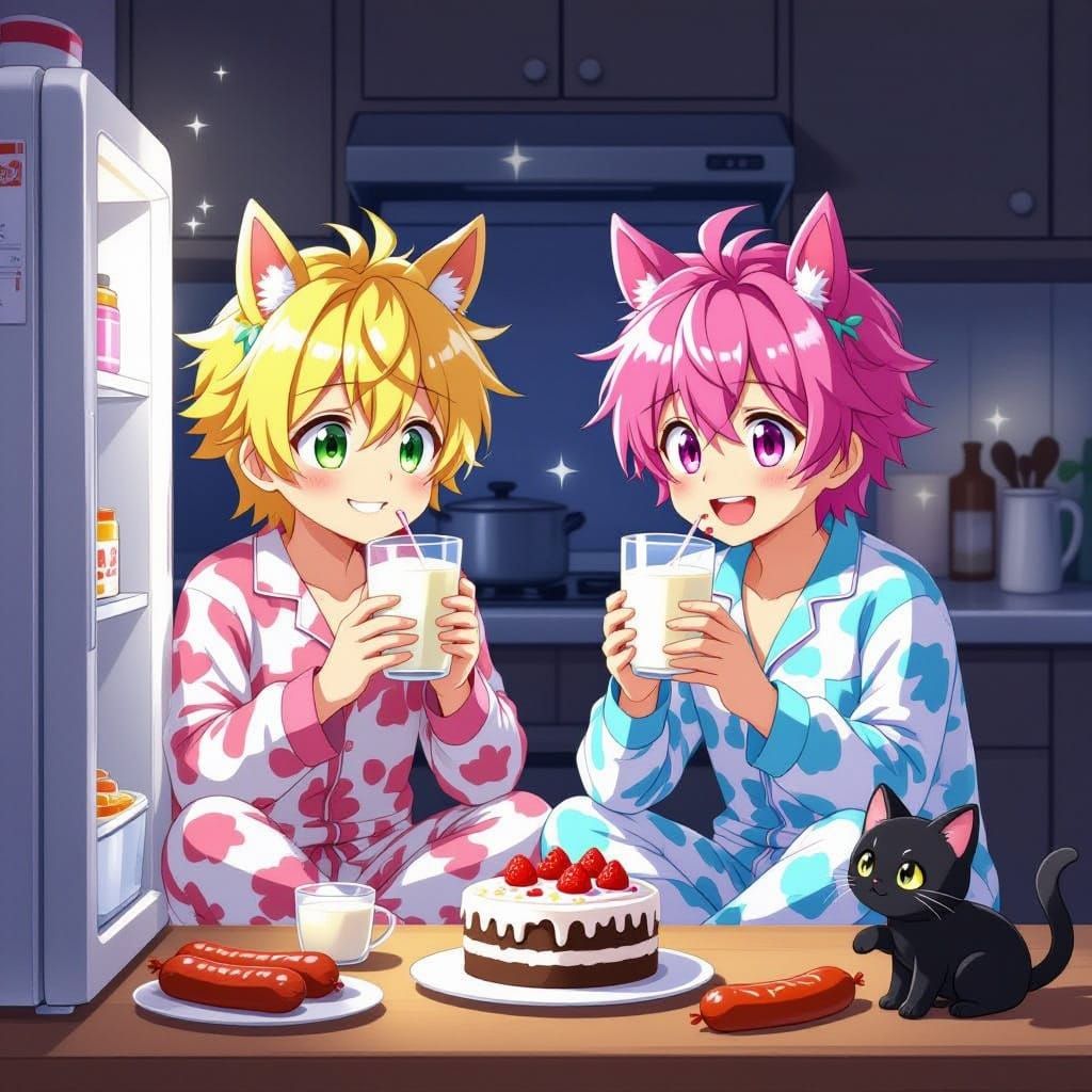 Anime Boys with Horse Ears Enjoying Cake and Kittens