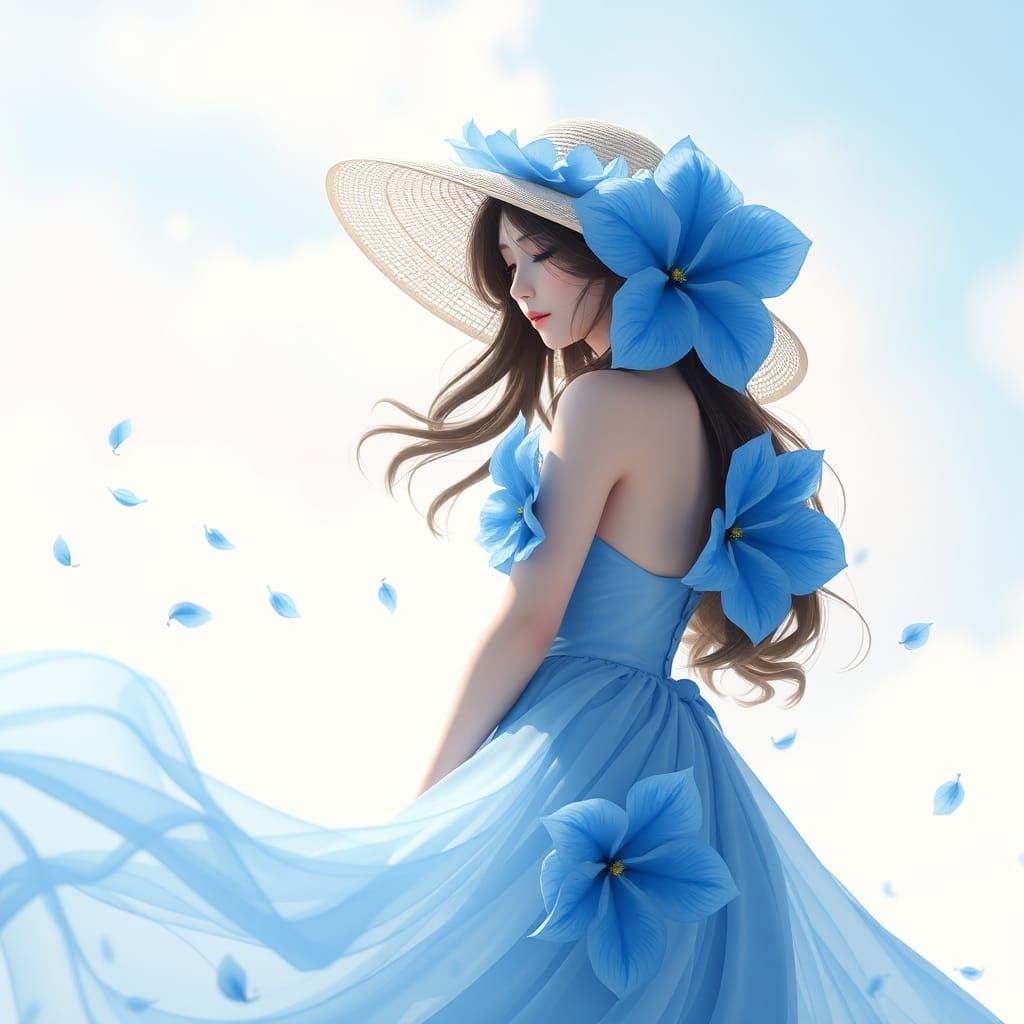 Elegant Woman in Blue Dress with Flowers: Anime Art