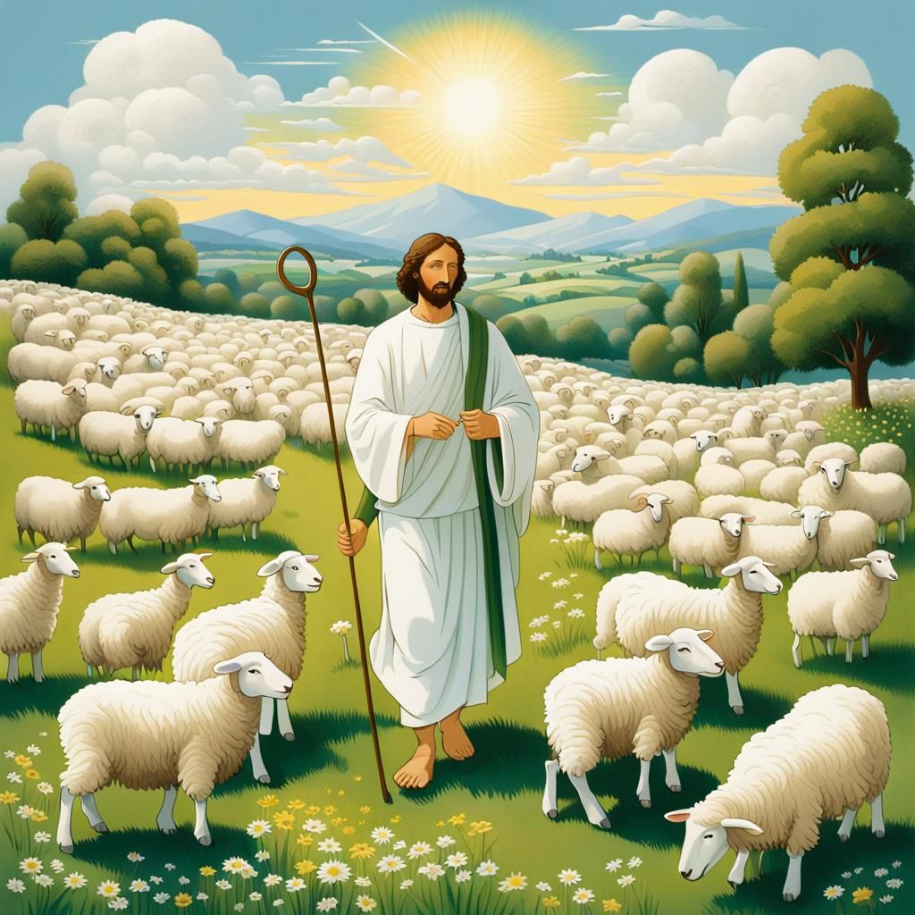 Jesus, the Good Shepherd in Pastoral Scene