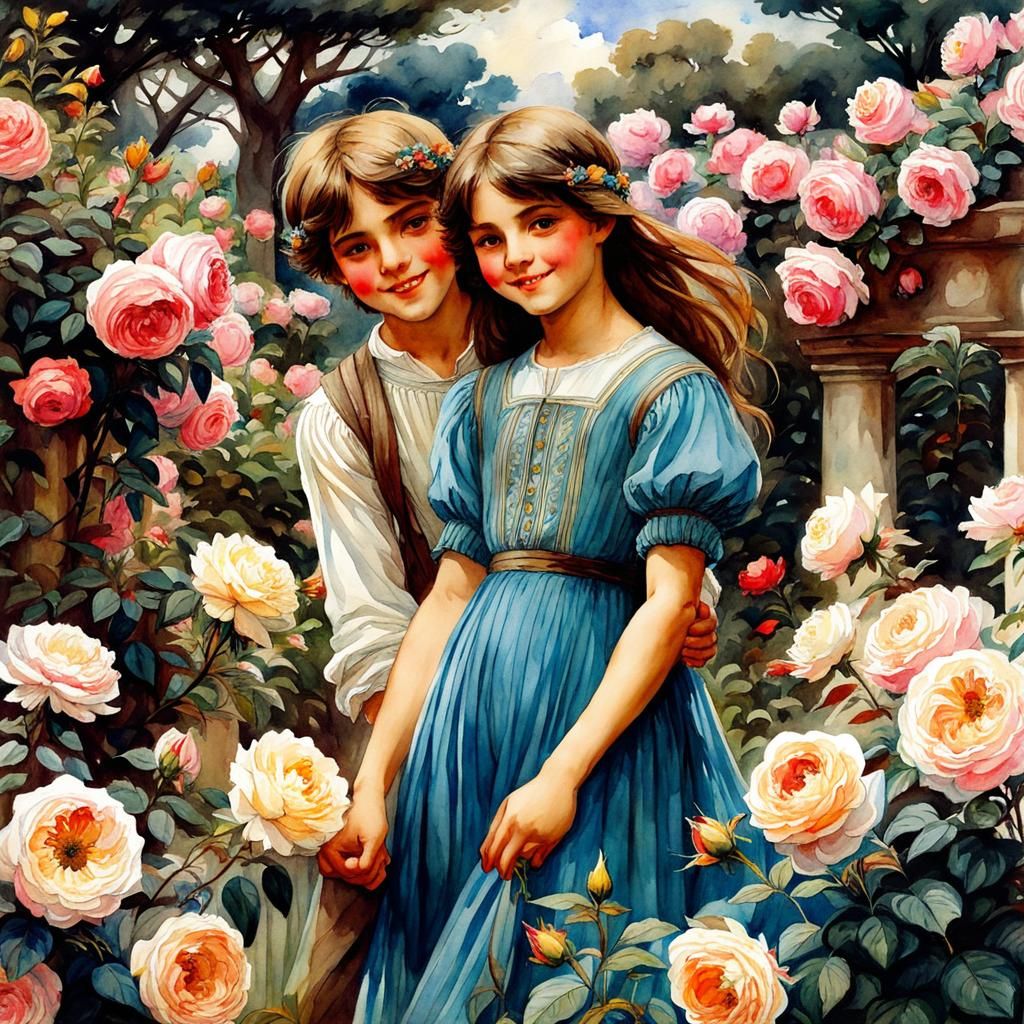 Cheerful Siblings in Rose Garden: Anime Watercolor