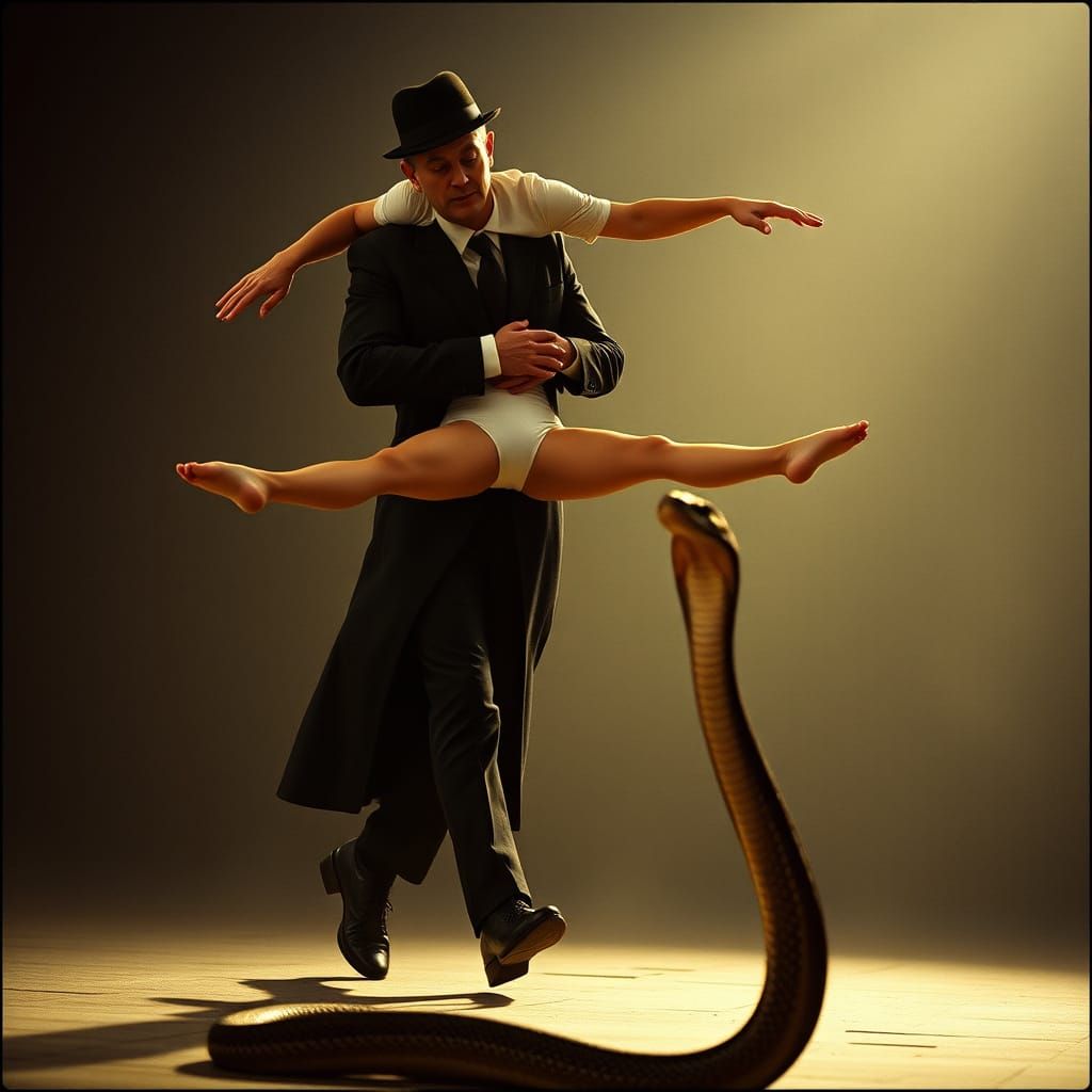 Man Performs Exaggerated Walk with Gymnast on Head, Snake Ri...