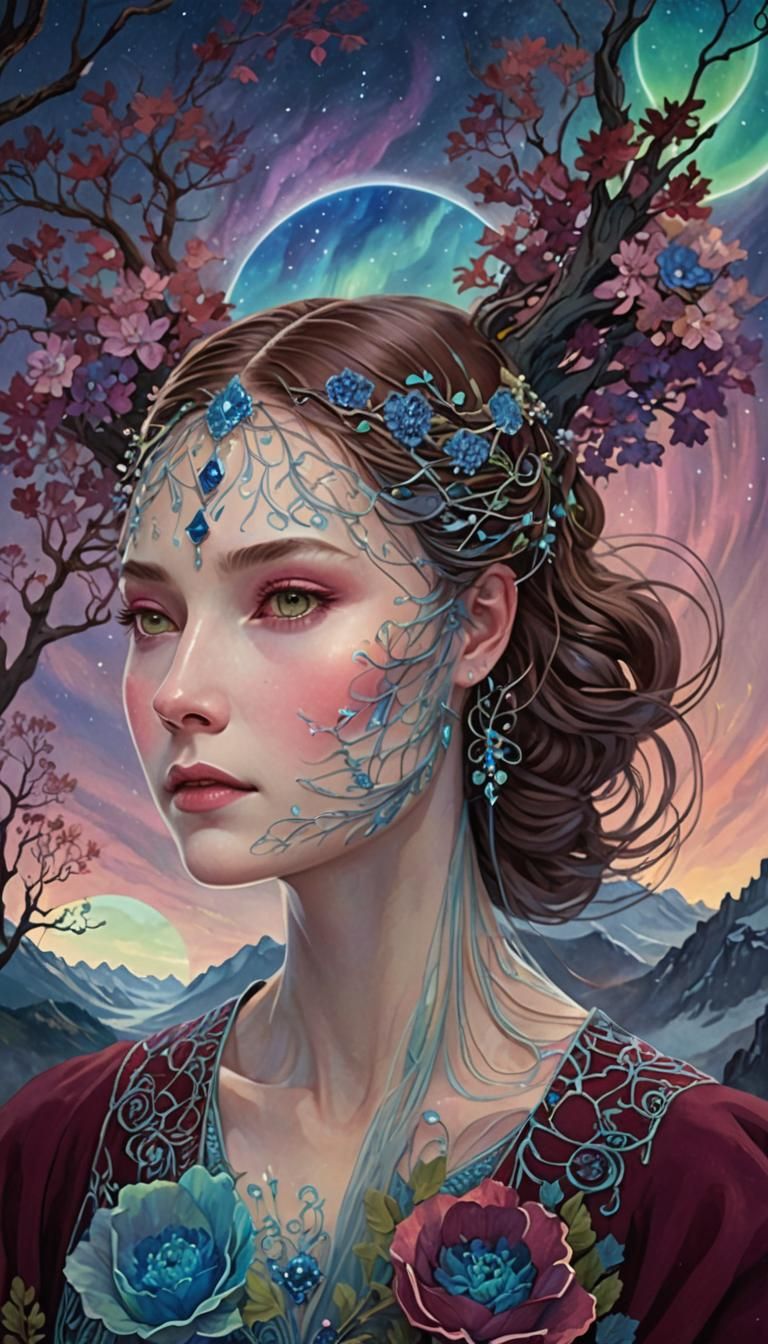 Ethereal Woman on Mountain Overlook Under Aurora