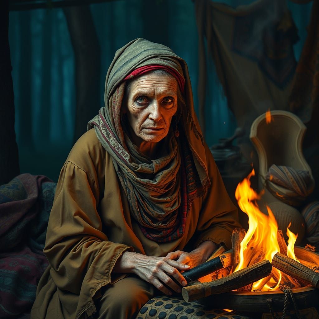 Gypsy Woman Sits by Campfire in Mysterious Forest