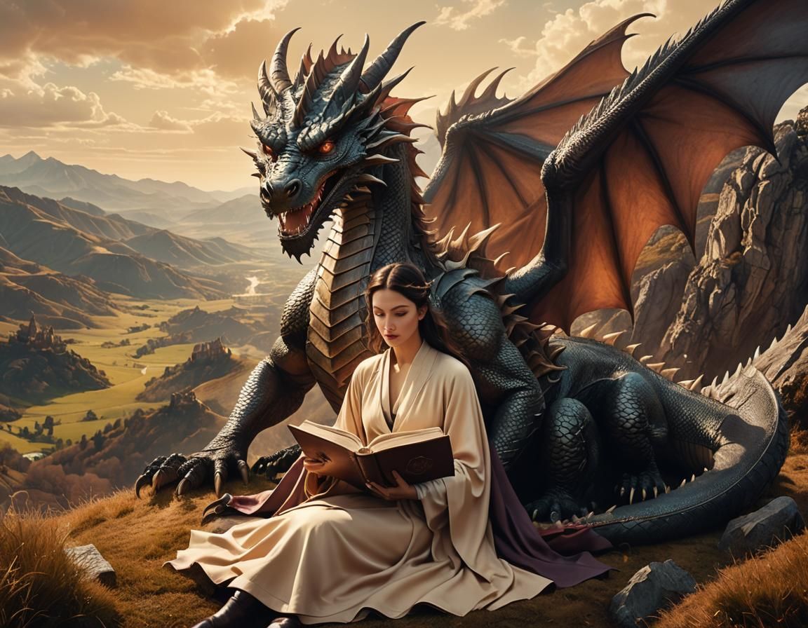 Dragon Emerges Behind Reader in Surreal Scene