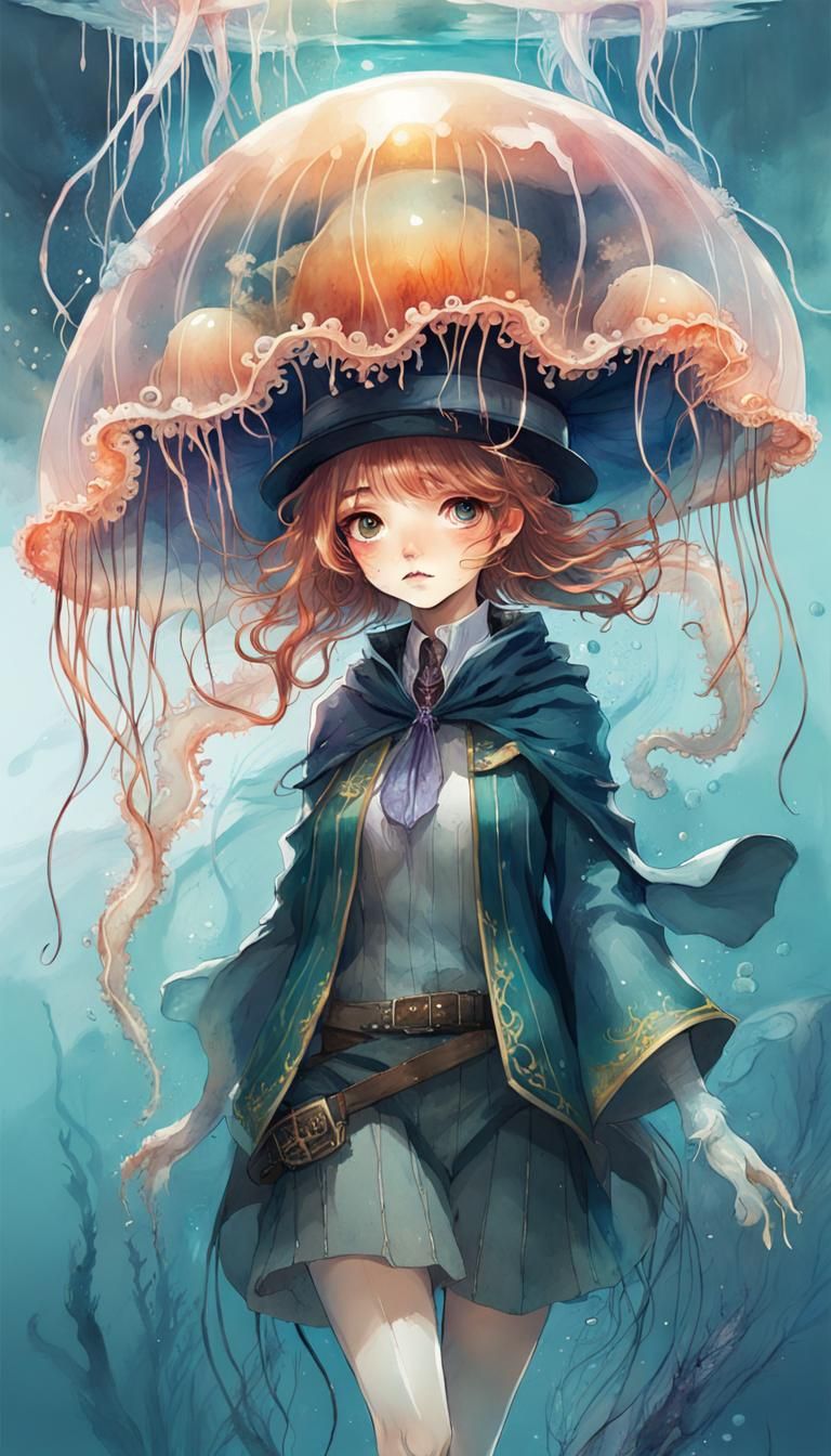 Underwater Wizard Jellyfish in Watercolor Manga Style