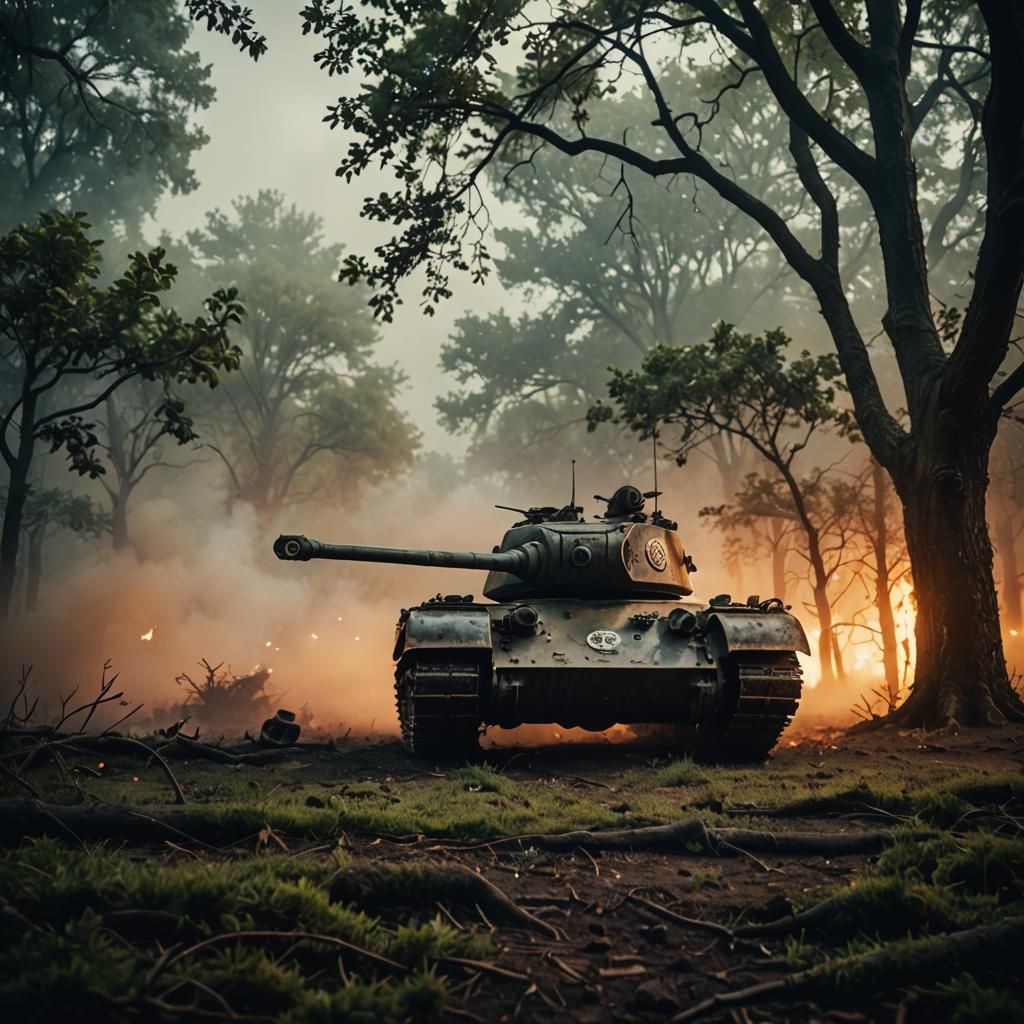 Snail on Tree: War Tank in Fire Fog