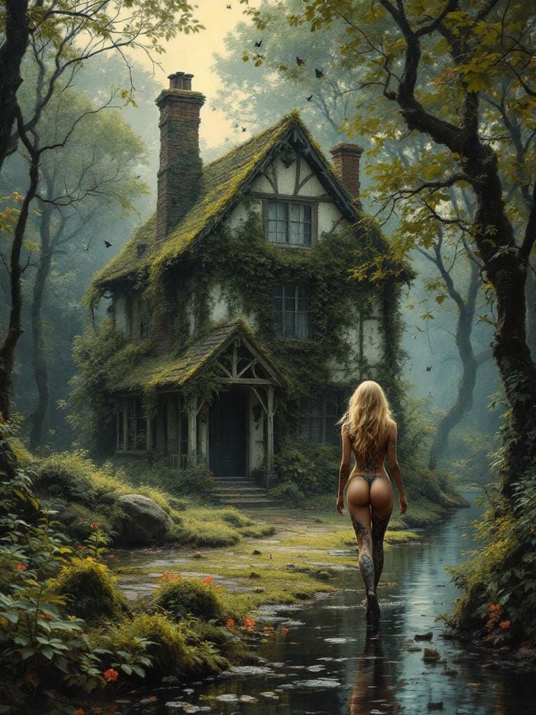 Mossy Cottage in Lush Forest: Art Nouveau Tonalism