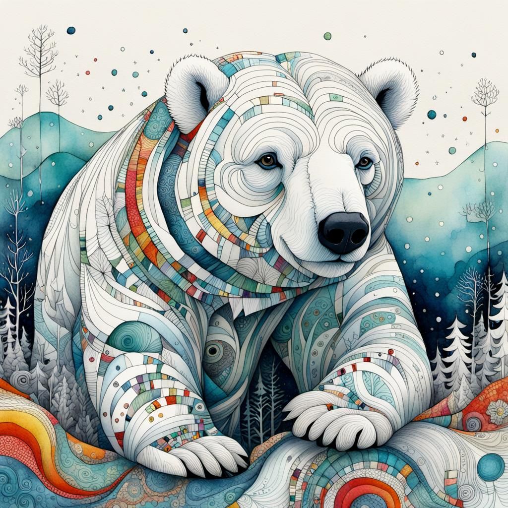 Colorful Winter Polar Bear in Whimsical Style