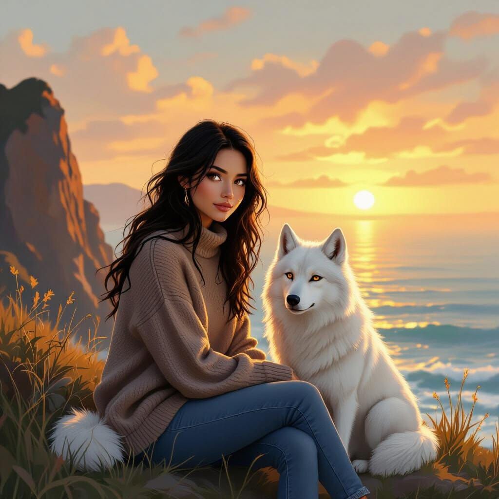Woman and Wolf at Sunrise: Dreamy Digital Art