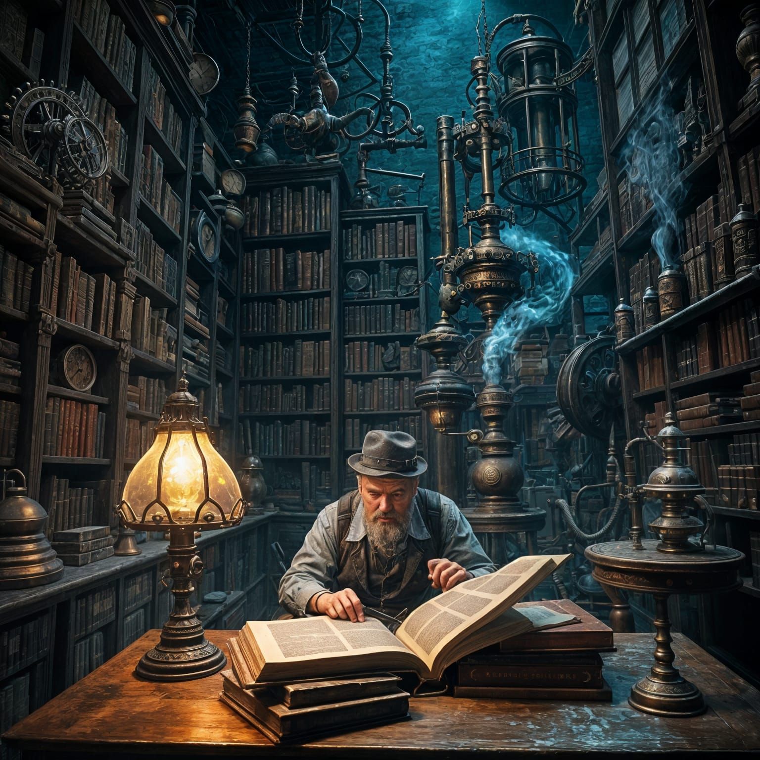 Cozy Steampunk Library with Scholar, Detailed Matte Painting